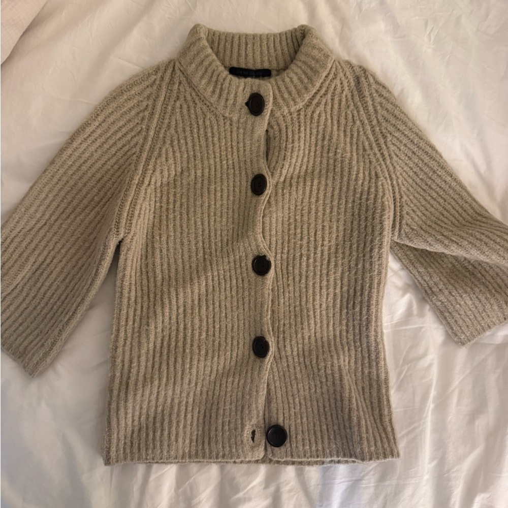 Neutral Beige Ribbed Button Cardigan Sweater